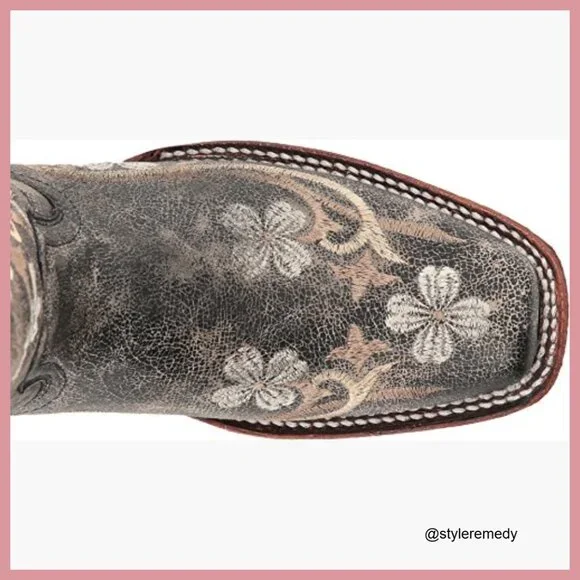 Distressed Leather Embroidered Snip Toe Western Boots Mid Calf - Picture 3 of 7